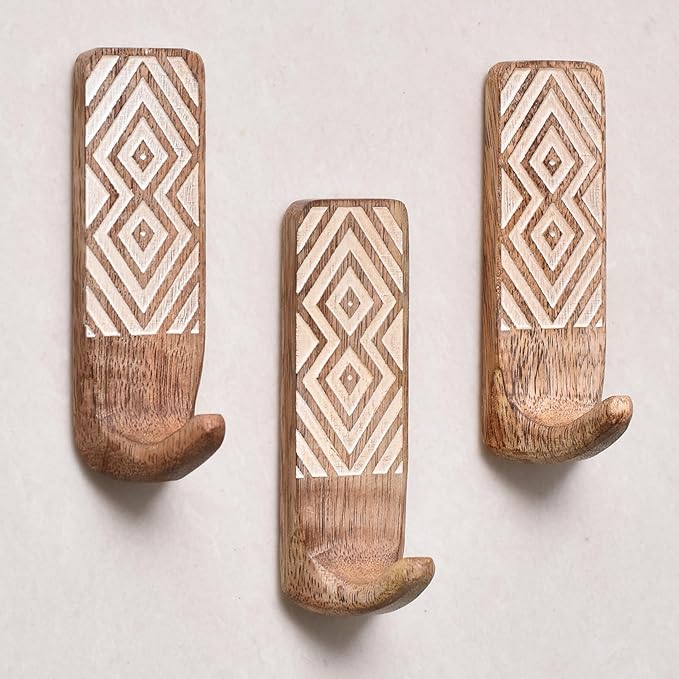 IndianShelf 10 LB- 12 Pieces Decorative Wood Adhesive Wall Hooks–Boho Peel and