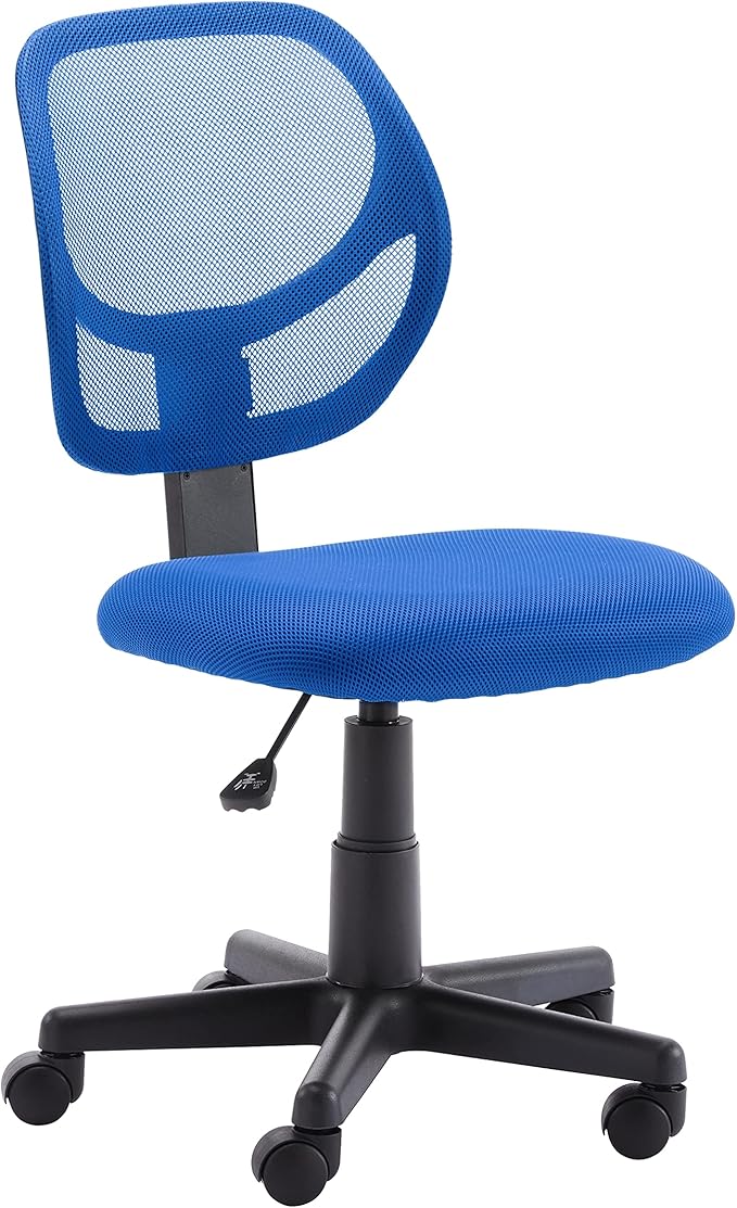 Amazon Basics Low Back Office Chair, Breathable Mesh, Height Adjustable, Padded Seat, Rolling Wheels, Swivel, Blue, 21.25" D x 22.5" W x 38" H