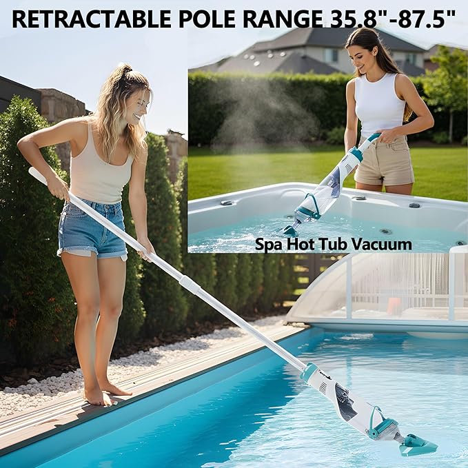 Handheld Spa Hot Tub Vacuum- Cordless Above Ground Pool Cleaner with 60" Extendable Pole, 60 Mins Running Time, 19 Gallons/Min Powerful Suction, Ideal for Cleaning Debris and Sand Underwater