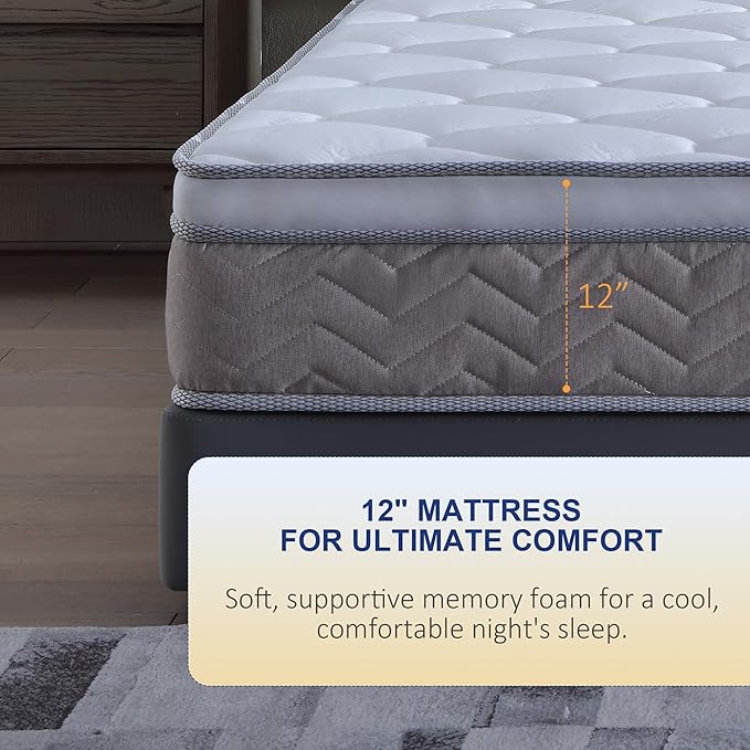 12 Inch Full Mattress Hybrid Innerspring and Plush Memory Mattress in a Box,Medium Soft Feel,Motion Isolation & Pressure Relief,Cooling Bed Mattress for Bed Frames,CertiPUR-US Certified (Full)