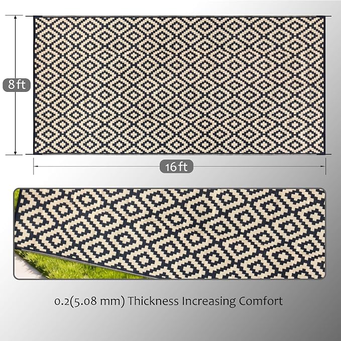 SAND MINE Reversible Mats, Plastic Straw Rug, Modern Area Rug, Large Floor Mat and Rug for Outdoors, RV, Patio, Backyard, Deck, Picnic, Beach, Trailer, Camping (8' x 16', Black & Beige Lattice)