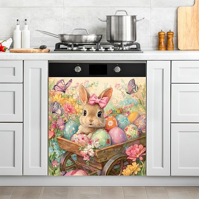 NYZE Easter Dishwasher Magnets Cover, Bunny Dishwasher Magnetic Sticker Decorative, Reusable Dish Washer Cover for Dishwashers (Bunny in Wagon)