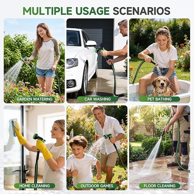 Garden Hose 100 ft Flexible Water Hoses Non-Expanding Lightweight Portable No Kink High Pressure Flat Fabric 3/4” fittings Leak-proof Durable Pipe for Outdoor Outside Yard Lawn Patio Watering Car Wash
