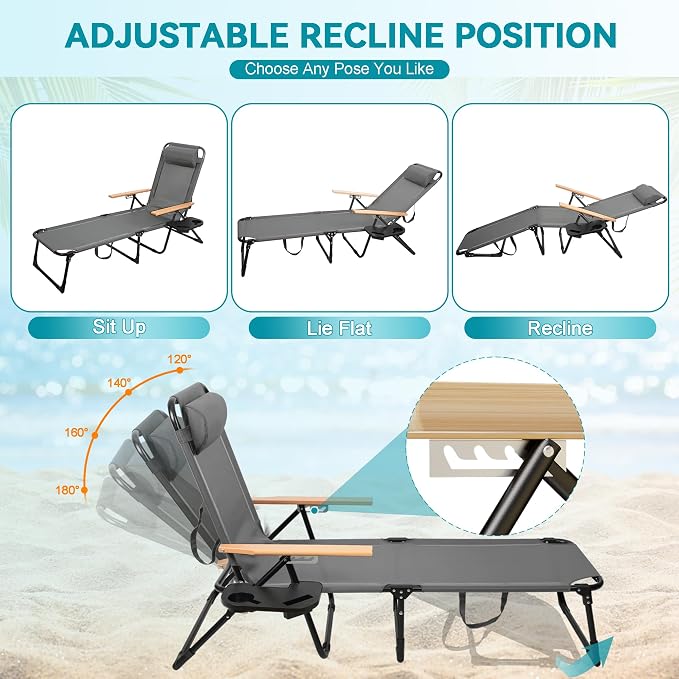 Beach Lounge Chair, Folding Outdoor Chaise Lounge Chair with Arms, 4-Position Backrest, Extended Sun Tanning Chair Pillow & Cup Holder, Patio Lounger for Outside for Beach Pool Patio Yard (Gray)