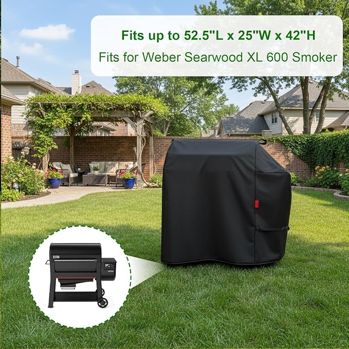 Outdoor Grill Cover Fits Weber Searwood XL 600 Pellet Smoker Grill,Heavy Duty Waterproof 600D BBQ Cover for Outside,UV Resistant with Storage Bag & Windproof Straps 52.5" W X 25" D X 42" H