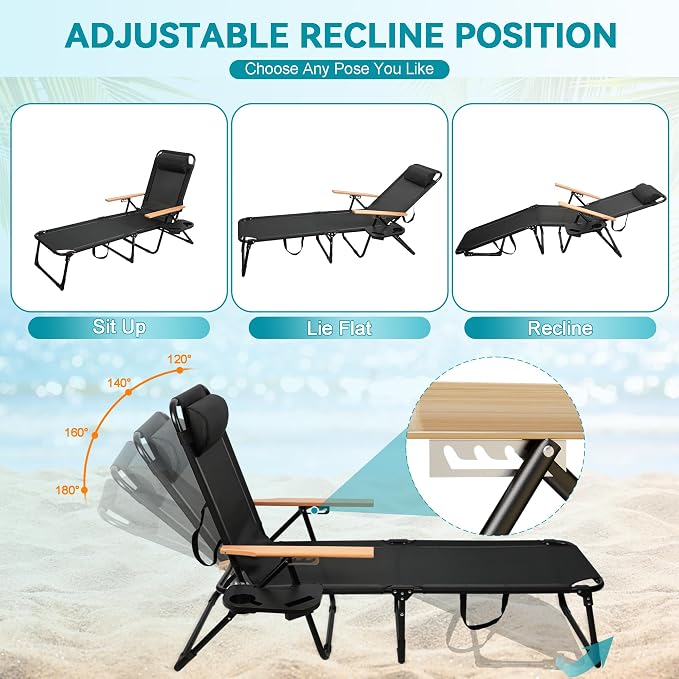 Beach Lounge Chair, Folding Outdoor Chaise Lounge Chair with Arms, 4-Position Backrest, Extended Sun Tanning Chair Pillow & Cup Holder, Patio Lounger for Outside for Beach Pool Patio Yard (Black)