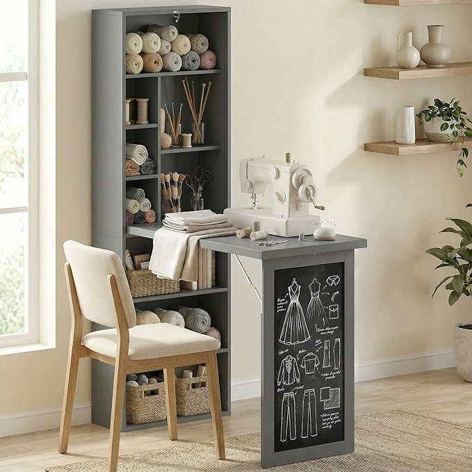 HOMCOM Fold-Out Convertible Writing Table, Computer Desk with Blackboard and Side Shelf Multi-Function Home Office Workstation, Charcoal Gray