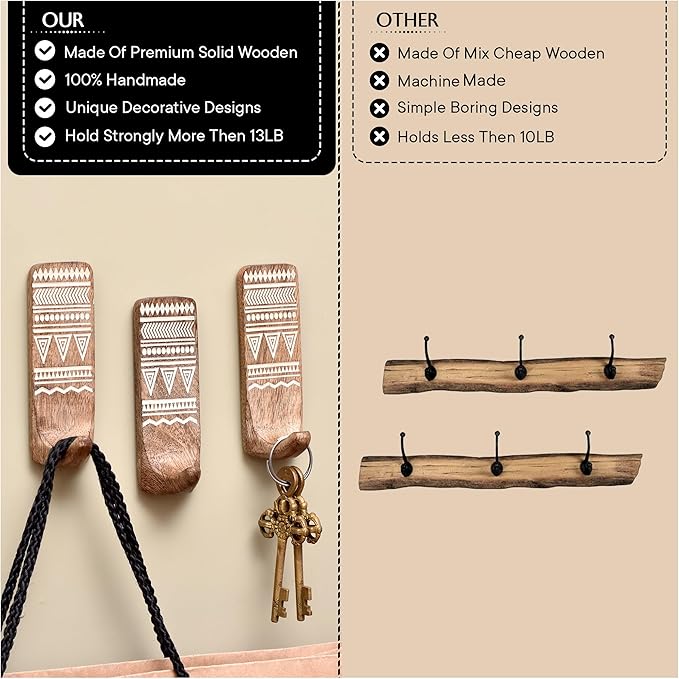 IndianShelf 10 LB- 6 Pieces Decorative Wood Adhesive Wall Hooks–Boho Peel and