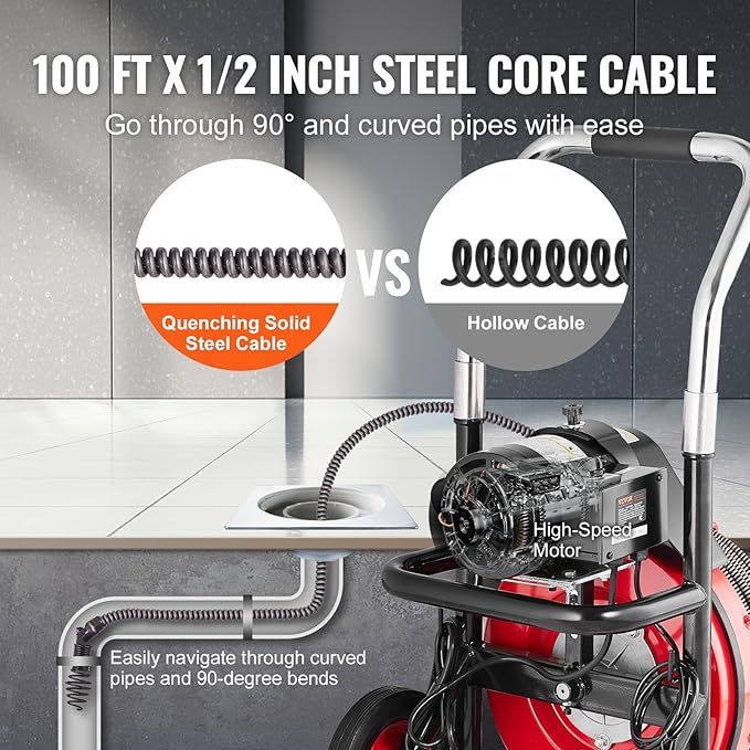 VEVOR Drain Cleaner Machine 100FT x 1/2 Inch, Auto Feed Sewer Snake Auger on Wheels, 550W Portable Drain Cleaning Machine with 8 Cutters & Air-activated Foot Switch for 2" to 4" Pipes
