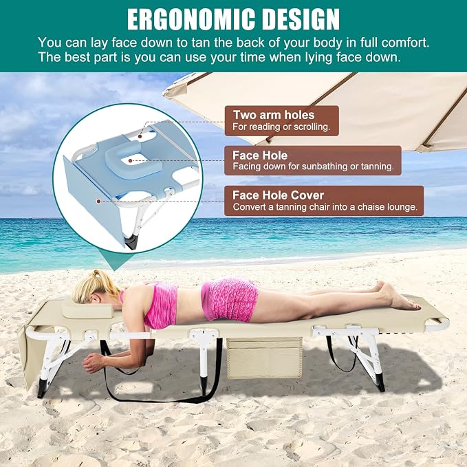 DoCred Heavy Duty XXL Tanning Chair with Face Hole&Mat, Oversized 5-Position Folding Chaise Lounge Chairs for Outside, Portable Beach Lounge Chair for Outdoor Sunbathing Beach Pool Lawn Camping