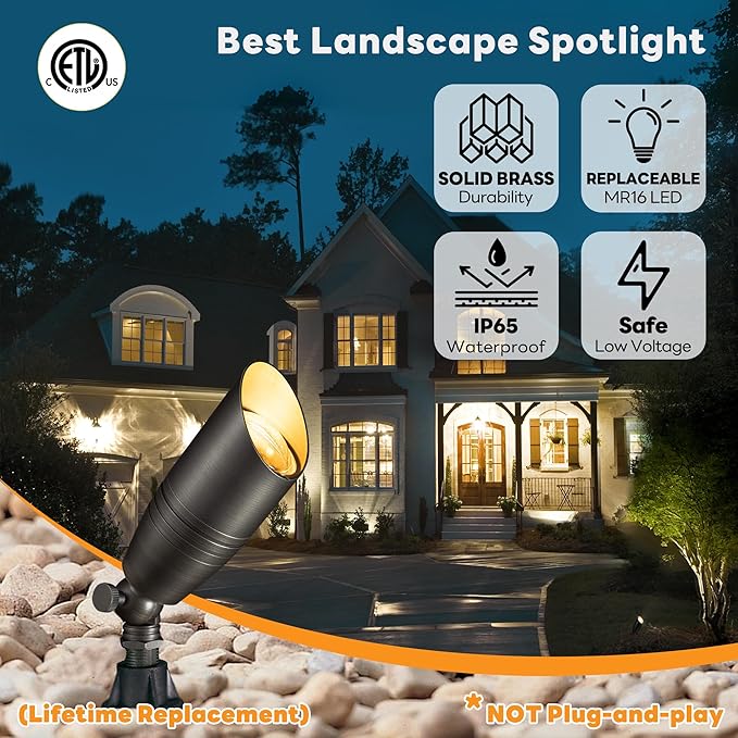 Die-Cast Brass Spot Light Outdoor - 12V LED Uplighting Waterproof, Low Voltage Landscape Lights Bright, Metal Direct Wire Bronze for Fence Fountain Without MR16 Bulbs (12 Pack)