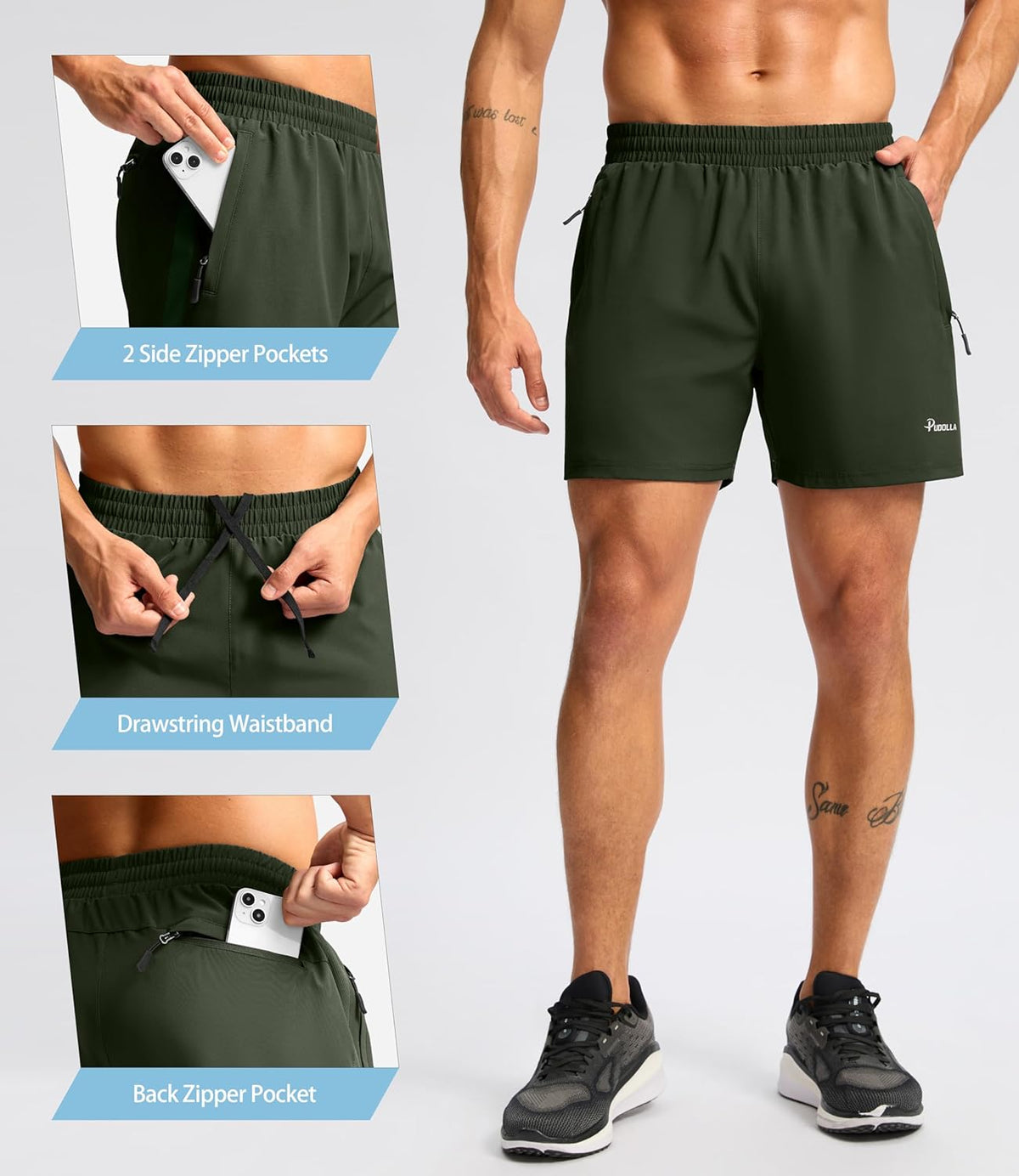 Pudolla Men's Running Athletic Shorts - Lightweight Quick-Dry Gym Shorts with 3 Zipper Pockets | 5"/7" Sizes