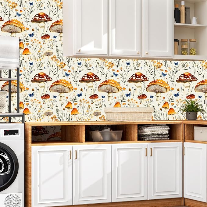 BOKEBEVE Mushroom Peel and Stick Wallpaper Beige Colorful Floral Contact Paper