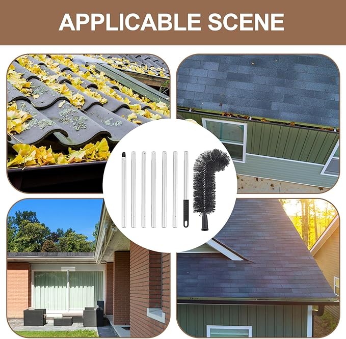 Gutter Cleaning Tool with Curved Stiff Bristles, Retractable Flexible Roof Gutter Brush Cleaner for Removing Dust, Leaves, Debris, and Branches