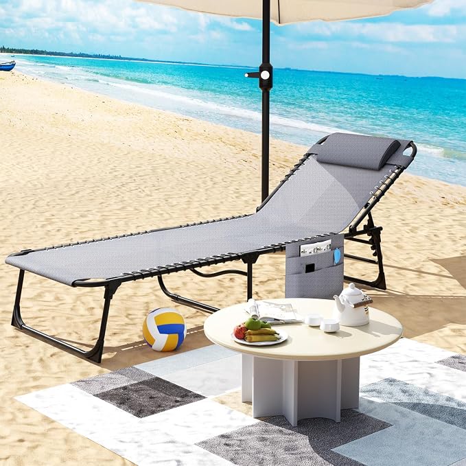 EBE Outdoor Lounge Chair, Portable Chaise Lounge Chair, Folding Sun Tanning Chairs with Detachable Pillow and Side Pocket, Reclining Chairs for Pool Beach Sunbathing, Grey