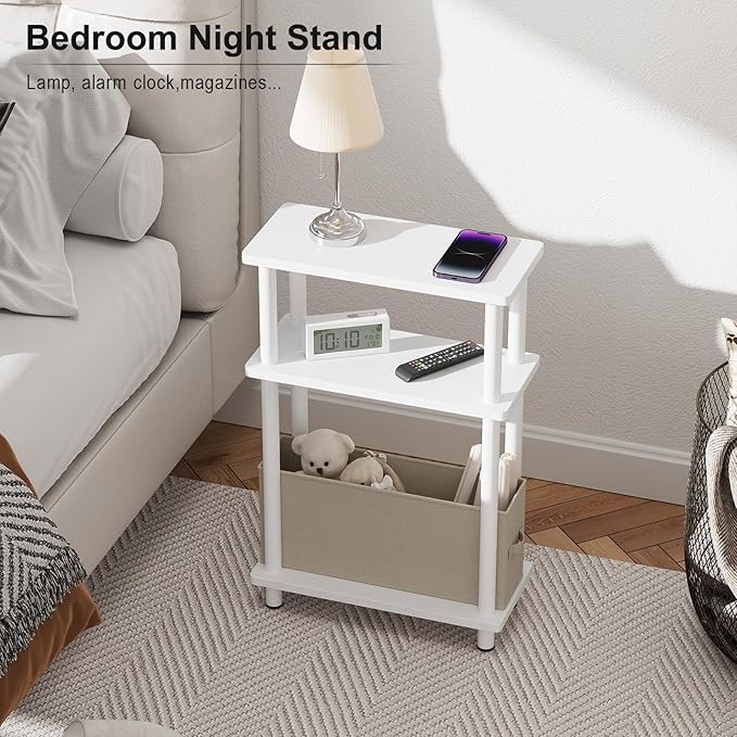 Apicizon Small Narrow Side Table, 3-Tier Skinny End Table with Fabric Basket, Slim Nightstand Bedside Table for Small Spaces, Living Room, Bderoom, White
