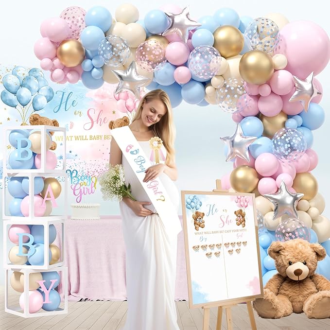 Bear Gender Reveal Decorations, He or She Baby Gender Reveal Party Decoration, Boy or Girl Bear Theme Party Supplies, Backdrop BABY-Box Tablecloth Mom to Be Sash Dad to Be Pin Balloon Arch
