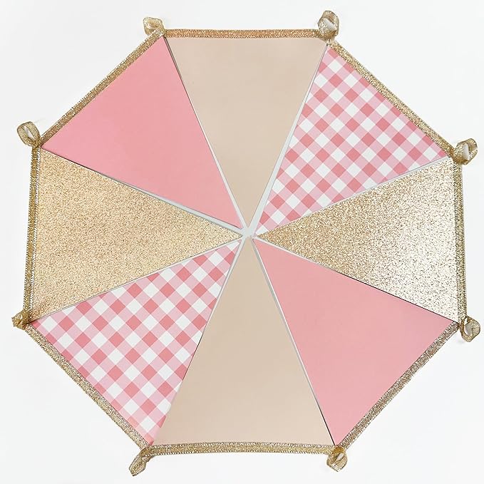 Dusty Rose Pink Buffalo Plaid Champagne Gold Party Decorations Pennant Banner Flag Hanging Glitter Paper Triangle Bunting for Women Girls Birthday Baby Shower Wedding Bridal Shower Hen Party Supplies