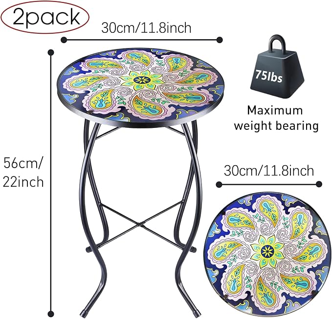 Arbuxzuy 2PCS 12 Inch Small Outdoor Side Table with Purple Flower, Glass Mosaic Patio Table Indoor, Round Plant Coffee Table for Living Room, Balcony, Garden