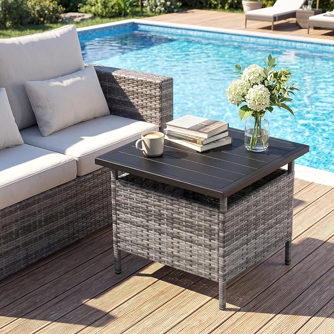 Giantex Umbrella Table, Outdoor Side Table with 2" Umbrella Hole, Rattan Umbrella Stand Holder, Heavy Duty Metal Frame, Patio Bistro Table for Deck Garden Poolside, Mix Gray (HDPE Tabletop)