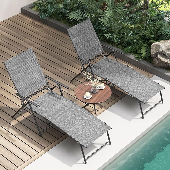 Giantex Lounge Chair Outdoor Set of 2 - Tanning Chair with 6 Adjustable Backrest, 2-Level Footrest, Folding Sunbathing Lounger for Patio, Poolside, Yard, Chaise Lounge Chair, Beach Chair (Grey)