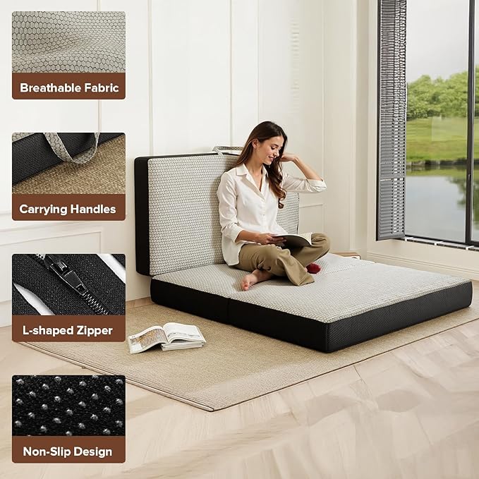Memory Foam Trifold Mattress - Queen Portable Floor Bed 6 Inch, Foldable Mat with Washable Cover, Handle & Non-Slip Bottom, for RV, Travel, Camping, Yoga, 78"x58"x6"
