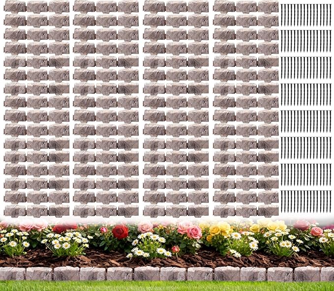 Landscape Edging Garden Edging Border Faux Stone Edging,91FT x 2.75 in Tall Decorative Stone-Look Garden Border for Flower Bed Edging,Yard Edging,Lawn Trees and Gardens,with Anchoring Spikes,Brown