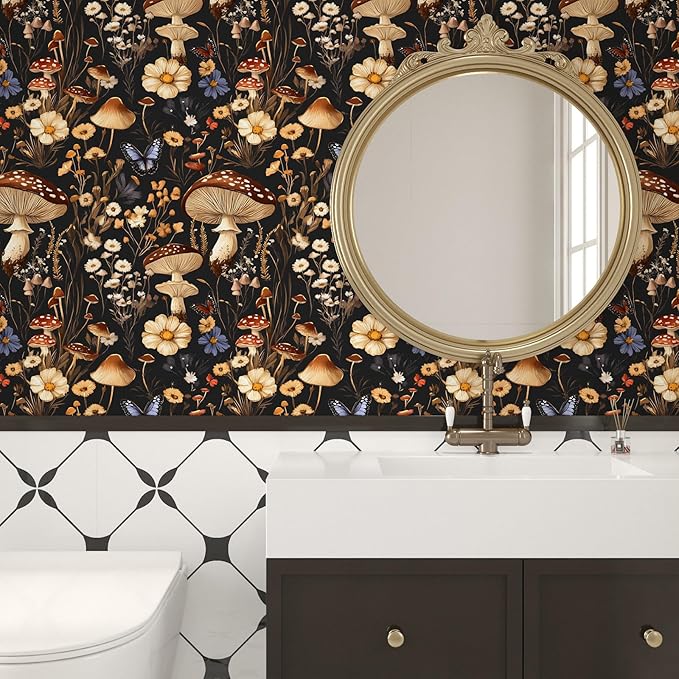 BOKEBEVE Peel and Stick Wallpaper Mushroom Wallpaper Vintage Floral Contact