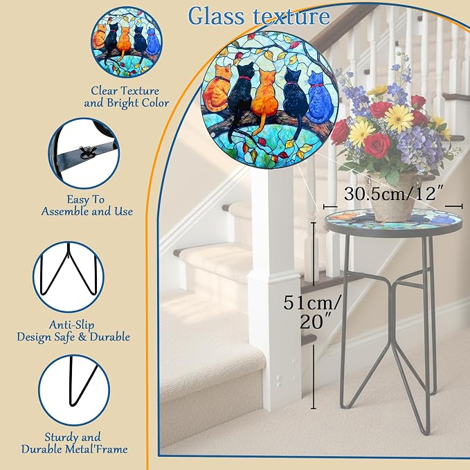 12 Inch Folding Outdoor Side Tea Table,Five Kitties Small Accent Tables, Plant Tables Indoor,Garden or Living Room Decor Afternoon Tea Dinner Table, Simple Assembly Cast Iron Plant Stand