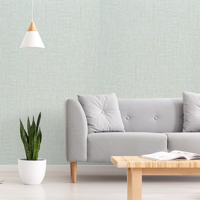 VEELIKE Blue Gold Grasscloth Peel and Stick Wallpaper 15.7''x118''