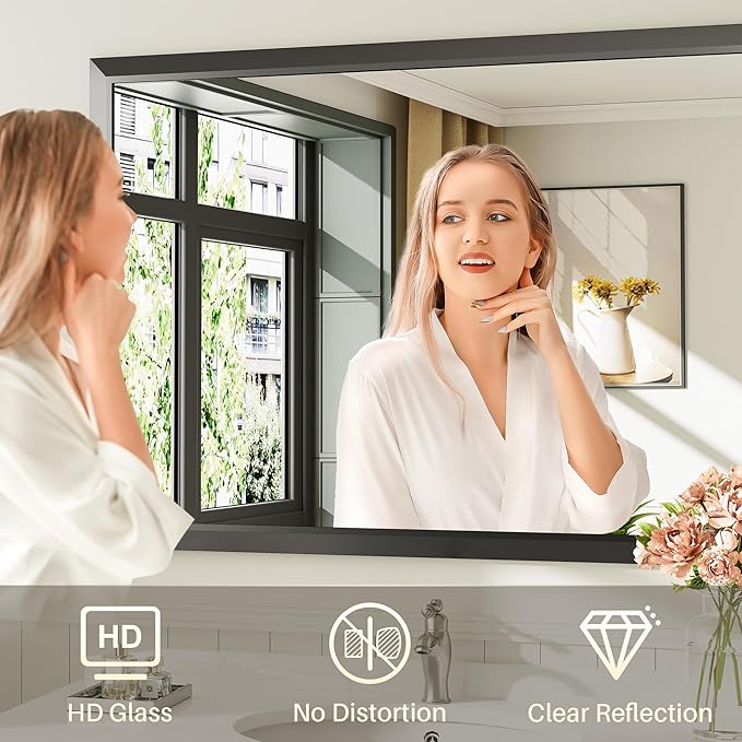 40x32 Inch Black Bathroom Mirror for Wall, Thick Metal Framed Rectangle Mirrors for Over Sink, Bedroom, Living Room, Entryway, Anti-Rust, HD Tempered Glass