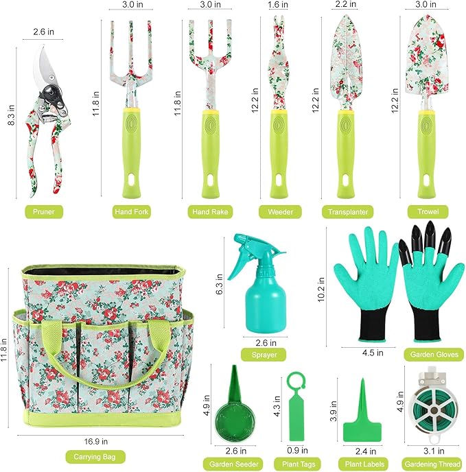 Gardening Tool Set - 13 PCS Heavy Duty Aluminum Gardening Tools Kit Floral Print Garden Tool Set with Non-Slip Rubber Handle & Durable Storage Tote Bag Gardening Supplies Gifts for Women Men