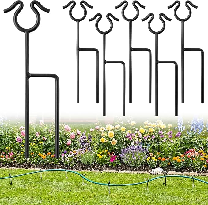 6 Pack Garden Hose Guide Stakes, 14 inch Metal Hose Guides for Garden Heavy Duty Rustproof Coated Spike Keeps Water Hose Out of Flower Beds Outside Lawn & Yard Plant Protection (Black)