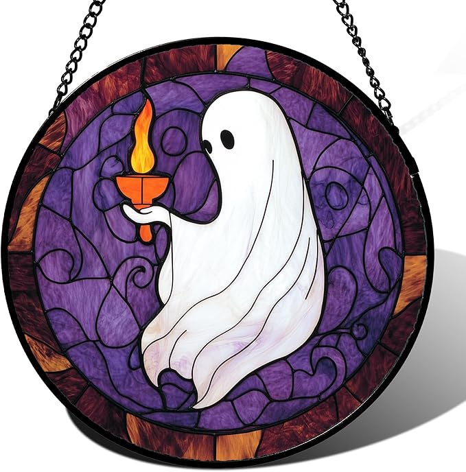 Stained Glass Window Hanging - Halloween White Ghost Purple Suncatcher for Doors Window Garden Spooky Candlelight Sun Catchers Gothic Decor Horror Gifts for Women Men Friend Boy Girl 7.8 in