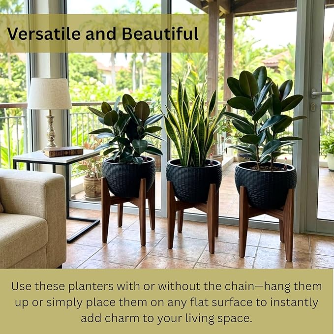 LaLaGreen Hanging Planters for Indoor Plants (11 Inch, 3 Pack) Self-Watering Round Rattan Style Hanging Flower Pots with Water Level Indicator, Black Metal Chain Baskets for Porch Garden Balcony Decor