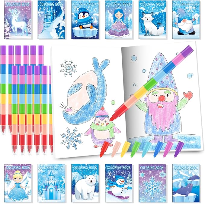 BenLouis 24 Frozen Mini Coloring Books with 24 Stacking Crayons Party Favors Winter Snowflake Themed Activity Book Crafts Bulk for Kids Frozen Birthday Goodie Bag Stuffers Christmas Classroom Supplies