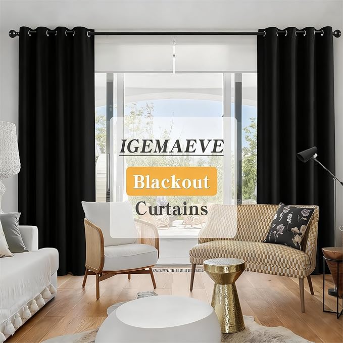 IGEMAEVE Black Blackout Curtains 96 Inch Length 2 Panels Set, Grommet Energy
