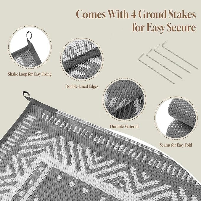 OMERAI Reversible Waterproof Outdoor Rug for Backyard,Plastic Textured Resistant Outdoors Rugs,Portable Washable Easy Cleaning Foldable Camping Beach Carpet for Patio Courtyard, 8'x10' Gray & White