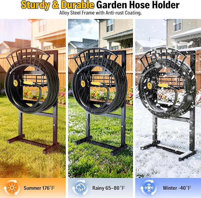Heavy Duty Garden Hose Holder include 45ft Rubber Hose 5/8" | 4 Spike Freestanding, 2 Middle Bars for Enhance Stability, Anti-Rust Outdoor, Brass Fitting, Tidy Organizer