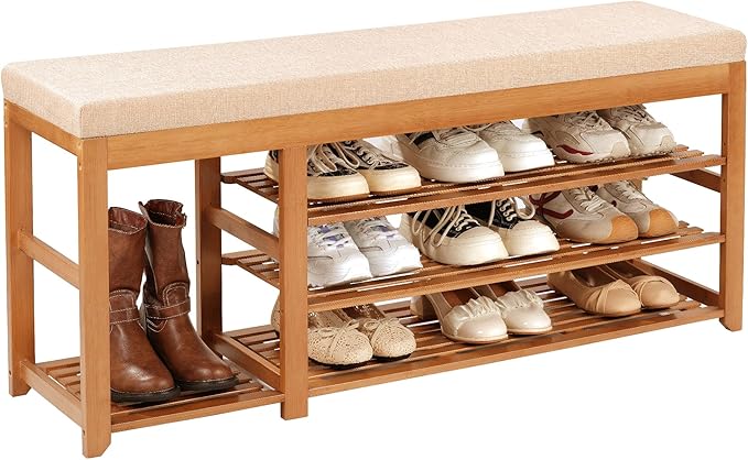 47.2 in Shoe Rack Bench with Cushion, 3 Tier Bamboo Entryway Bench with Storage for Entryway, Hallway, Bedroom, Living Room