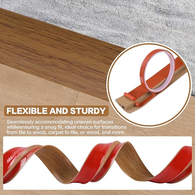 Floor Transition Strip Vinyl Door Threshold Ramp Self Adhesive Carpet Edging Strip Doorway Edge Trim, Overlap Edge Reducer for Laminate Carpet, Floor, Tile (Orange Oak, 3/5" to 4/5", 3.3Ft)