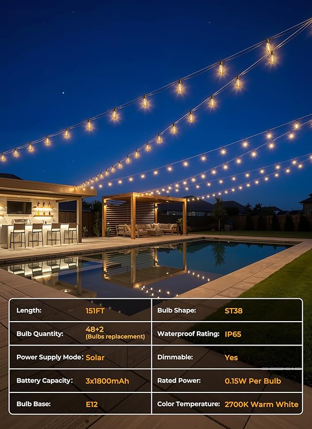 Brightown 151FT Solar String Lights Outdoor Waterproof, Patio Lights with Remote and 48+2 LED Shatterproof Bulbs, Dimmable & Timable, 3 Light Modes, Solar Lights Outdoor for Yard Camping Party Outside