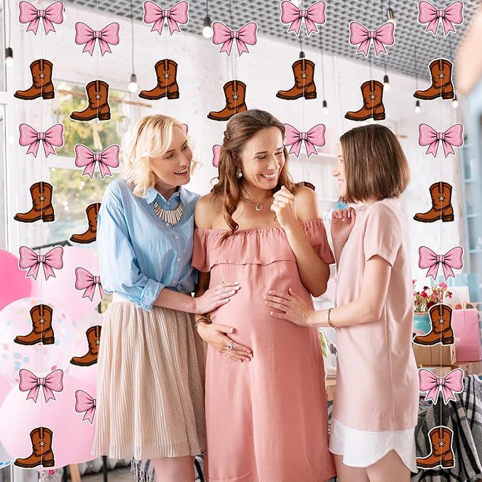 12 Pcs Hanging Boots or Bows Gender Reveal Decorations Boots and Bows Gender Reveal Confetti Western Theme Garland Brown and Pink for Cowboy Cowgirl Baby Shower Parties