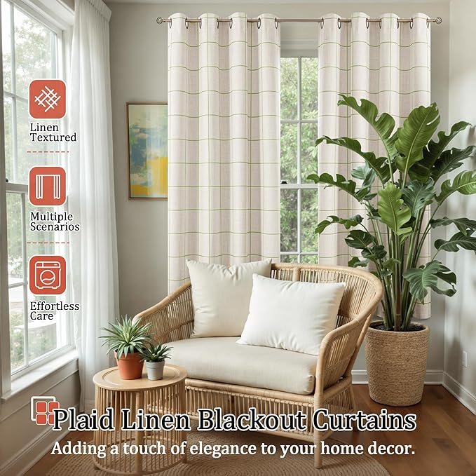 Lajode Sage Green Plaid Linen Blackout Curtains
