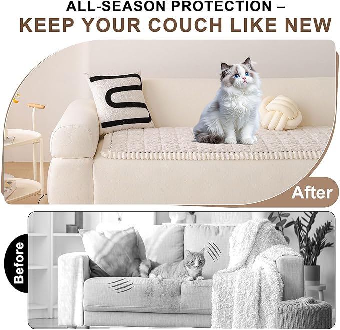 OTOB Couch Covers for Dogs Washable, Non Slip Plush Fuzzy Sofa Slipcovers Dog Cushion Mat, Soft Cozy Kids Pet Friendly Furniture Protector Sofa Cover, All Seasons (Cream, 31.5" x 63.0'')