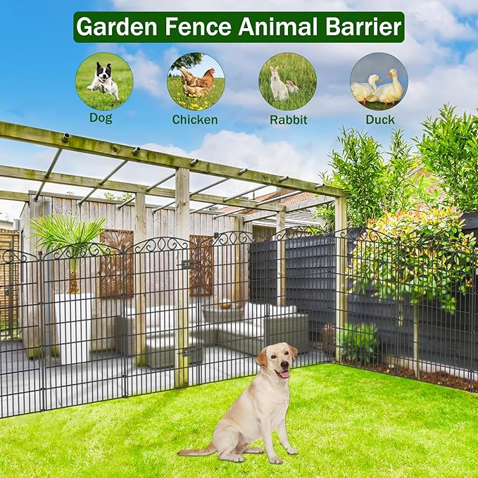10 Panel No Dig Decorative Garden Fence with Gate - 48in H x 22.6 ft L,Dog Fence Outdoor for Yard,Tall Animal Barrier for Dogs Rabbits, Rustproof Metal Wire Panels for Yard,Patio, Flower Bed