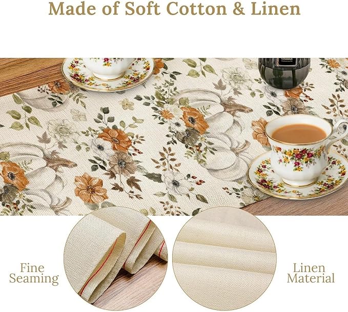 Fall Pumpkin Table Runner Rustic Floral Watercolor Plants White Vegetables Flowers Pastoral Theme Home Decor for Farmhouse Indoor Outdoor Party Holiday Dining Kitchen Restaurant Cafe W13xL108in