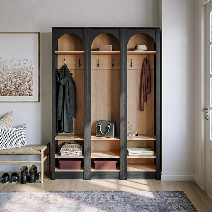 Prepac Ark 76" Tall Arched Entryway Coat Rack in Black Oak with Natural Oak Interior, Hall Tree with 2 Adjustable Shelves, Modern Furniture for Entryway and Living Room, 13.25" D x 18" W x 76" H