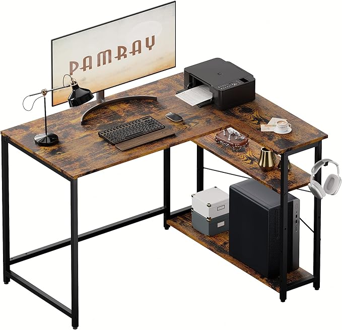 Pamray 43 Inch L Shaped Computer Desk with Reversible Side Storage Shelves, Small Corner Desk for Small Space Home Office,Writing Study Table PC Desk for Bedroom,Vintage