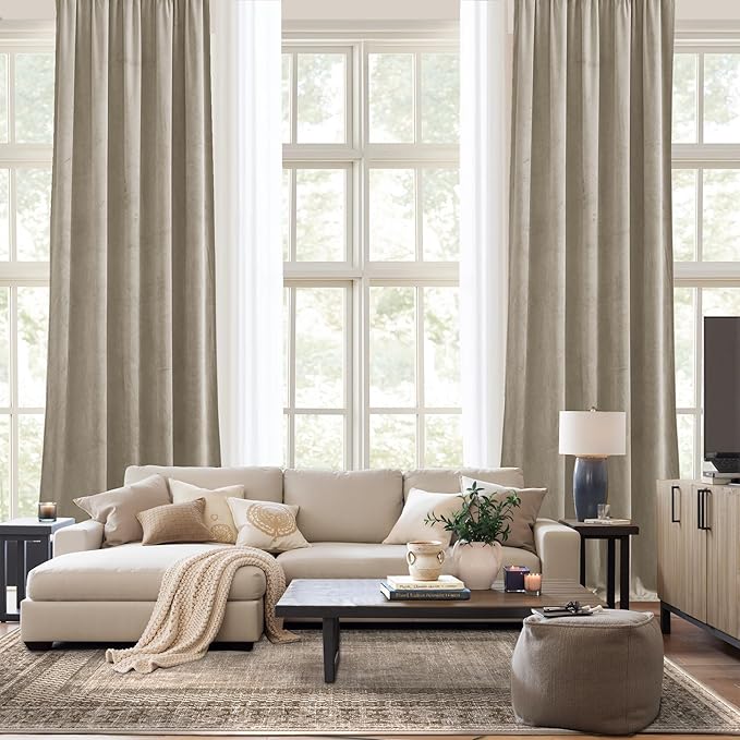 NICETOWN Living Room Camel Velvet 102 inches Long Curtains, Sound and Sunlight
